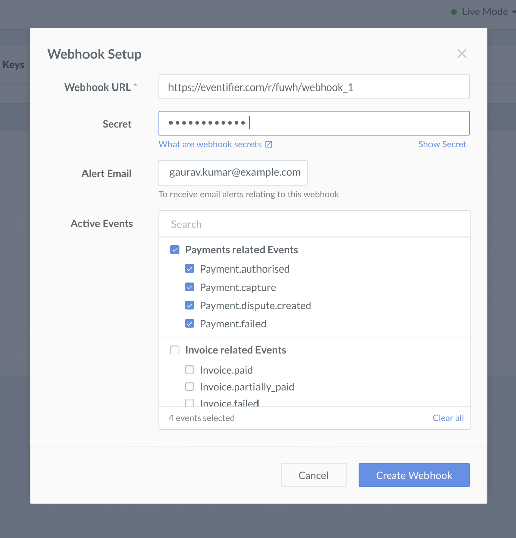 Webhook setup page