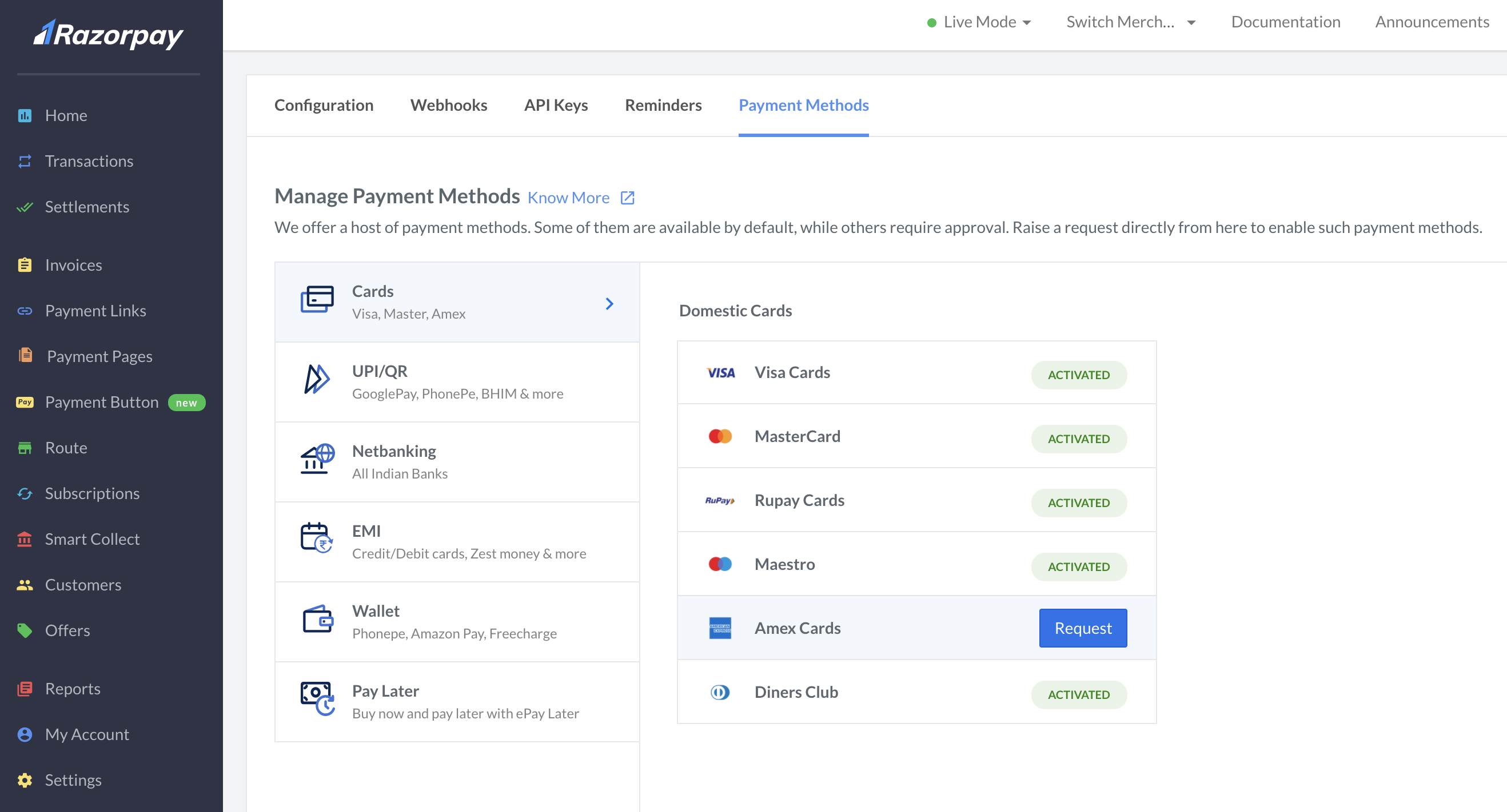 payment methods tab