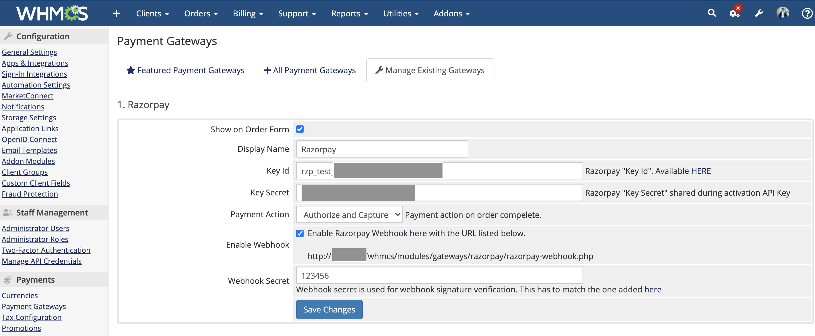 Setting up Webhooks on WHMCS site