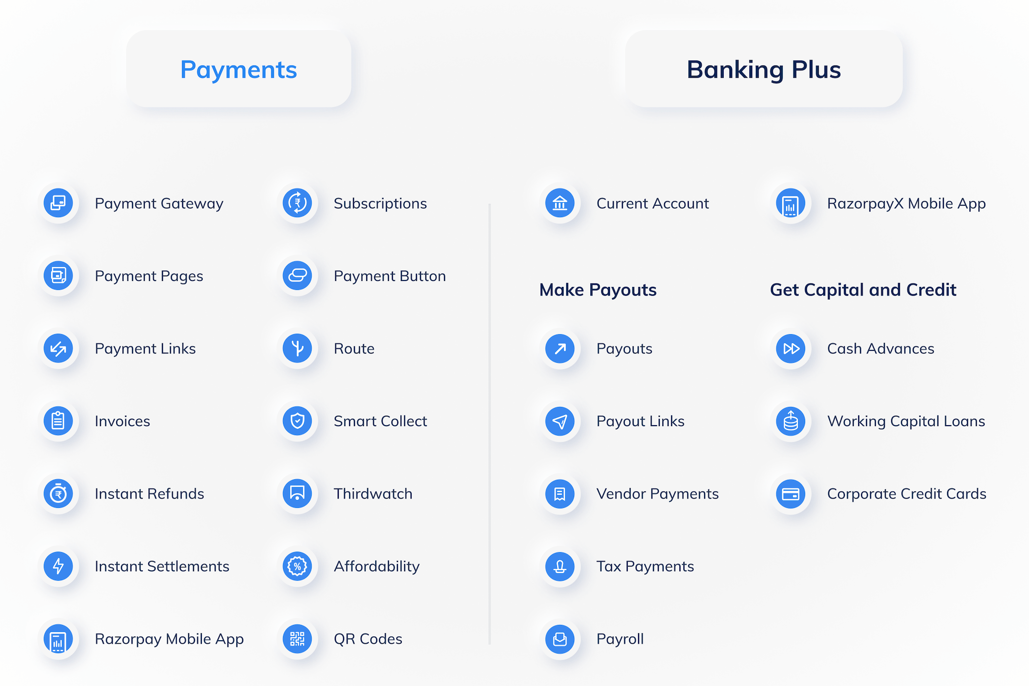 List of products offered by Razorpay