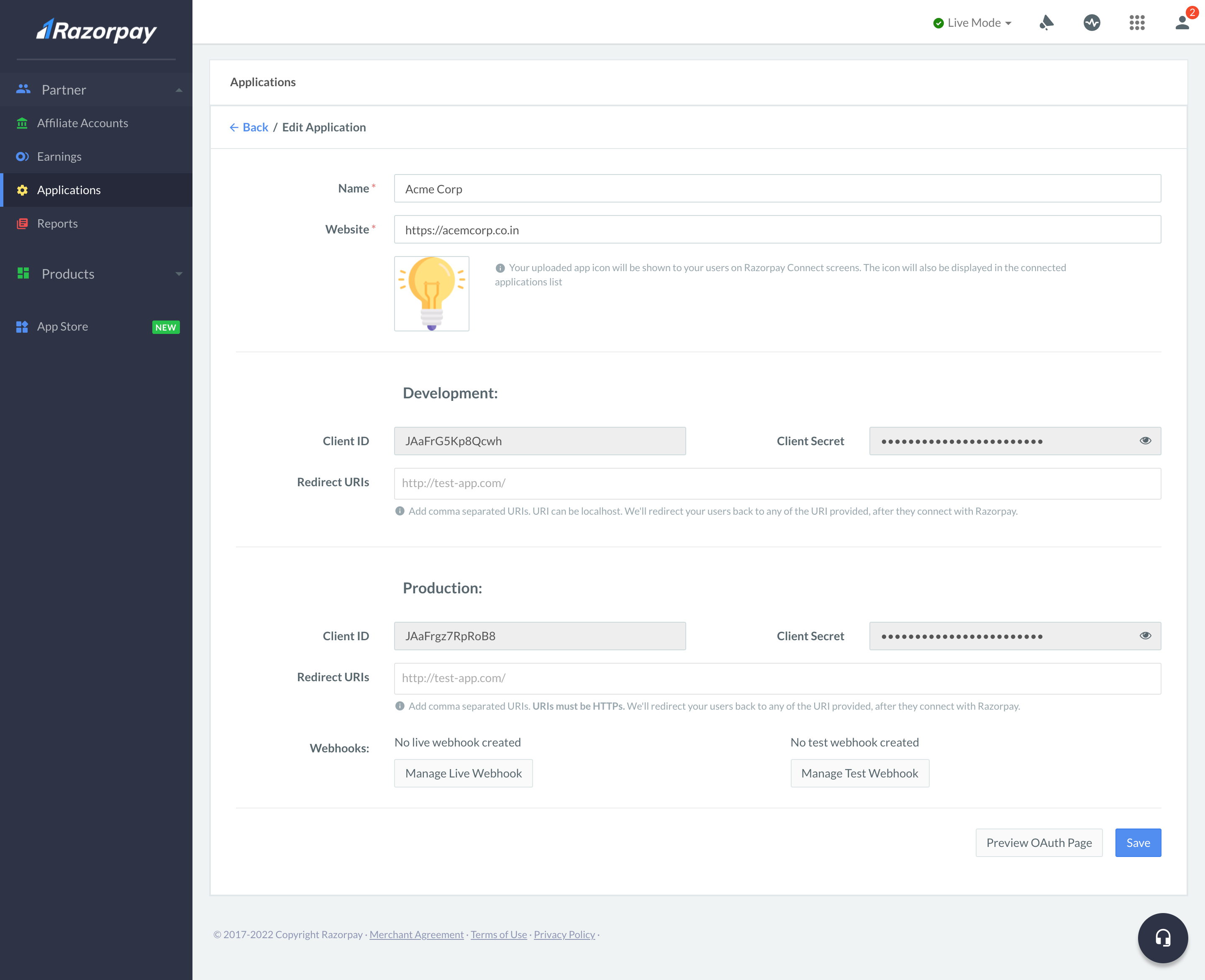 View Production and Development Credentials for Application