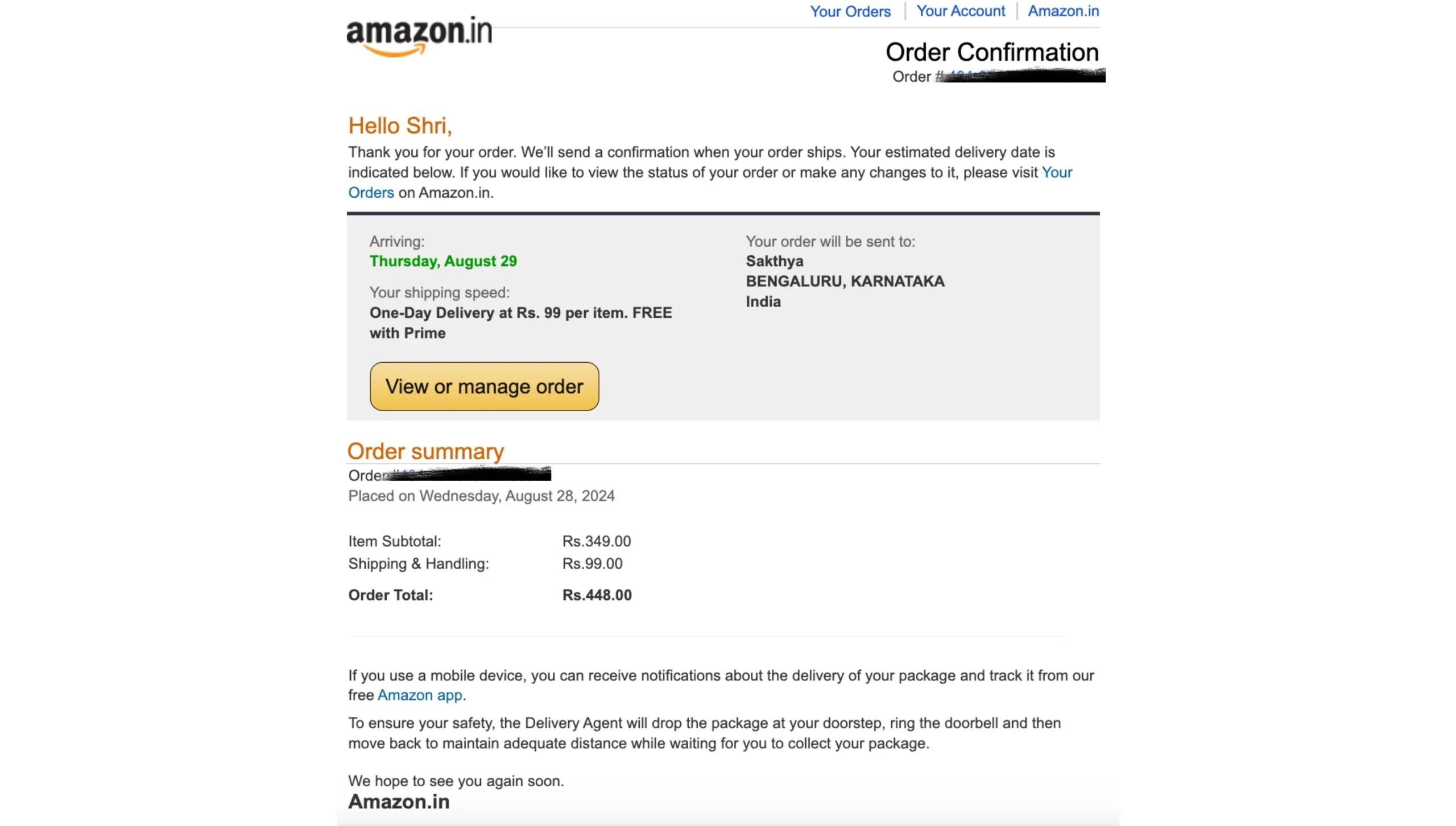 Amazon Order Confirmation Email