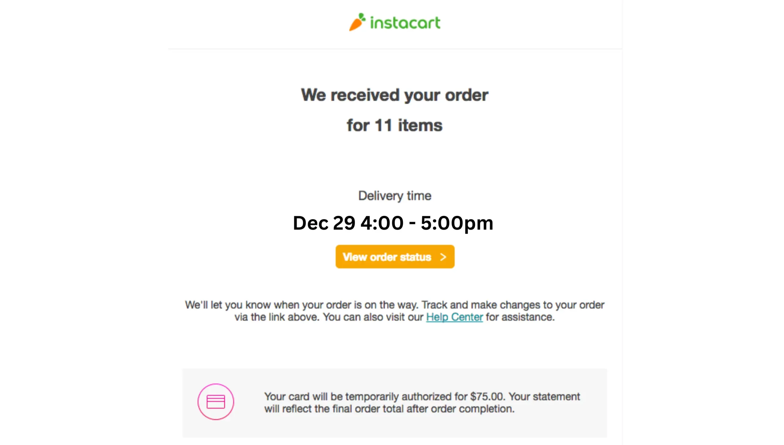 Instacart Order Confirmation Email