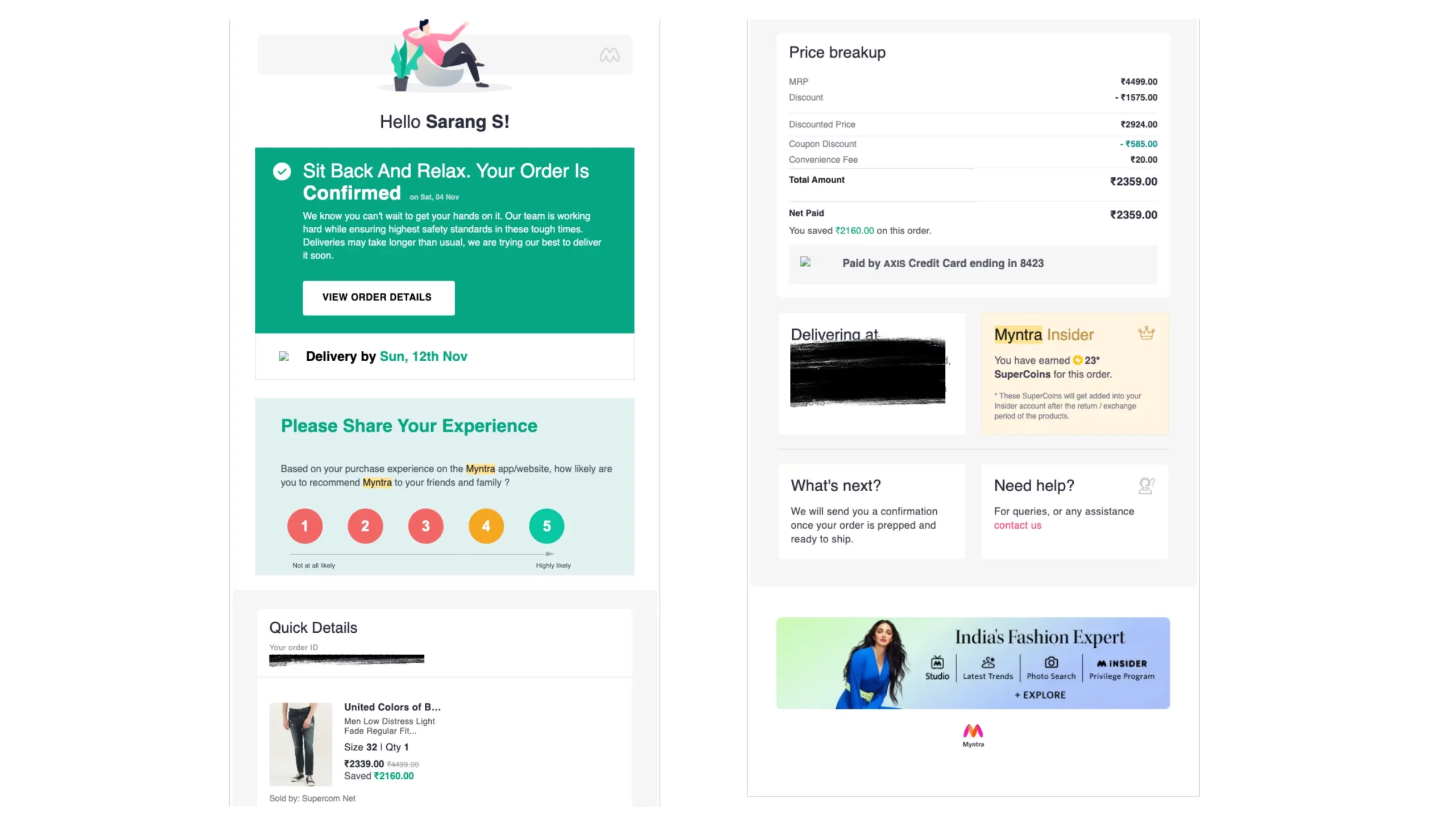 Myntra Order Confirmation Email