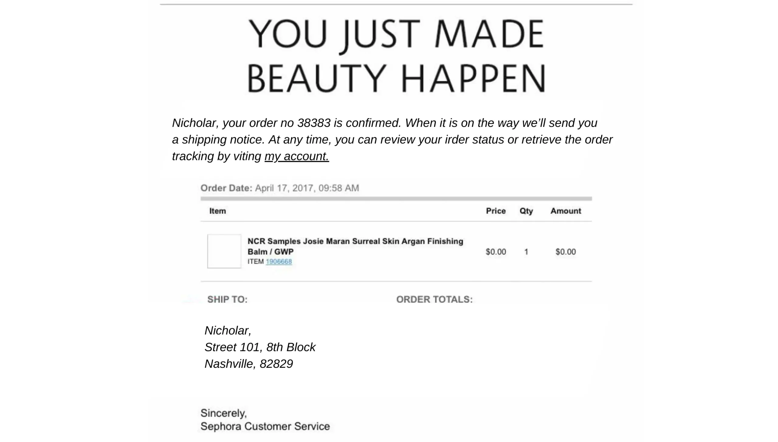 Sephora Order Confirmation Email