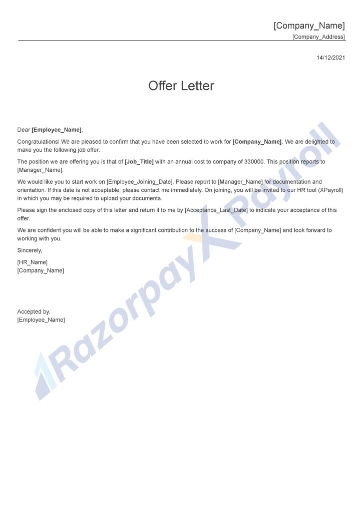 offer letter sample format