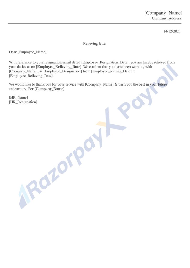 Relieving letter Sample format