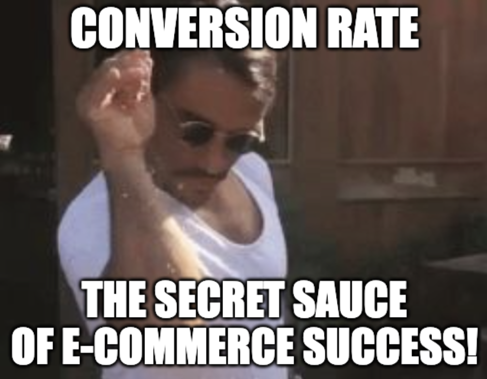 A chef adding a pinch of "Conversion Rate" spice to a dish labeled "E-commerce Success".