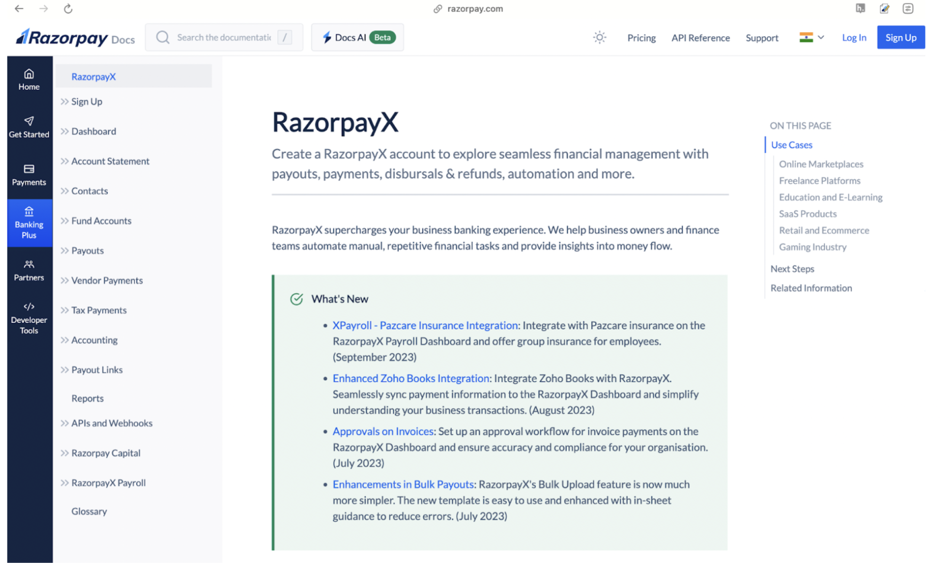 Image showing the home page of RazorpayX Documentation
